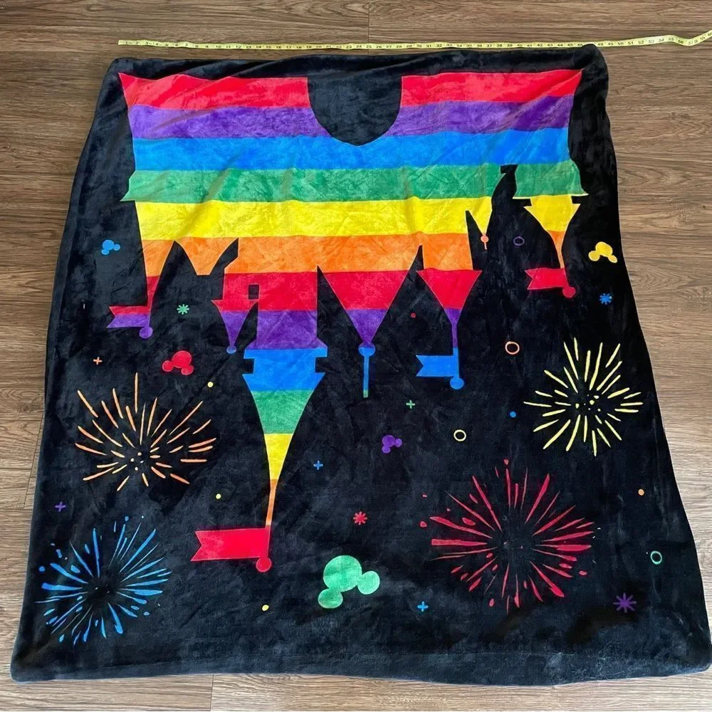 Disney Mickey Rainbow and Castle Sequin Plush Throw 48” x 56” Black and Rainbow